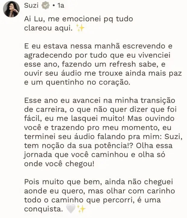 Print de depoimento de aluna sobre a experiência de participar do programa Pistologia