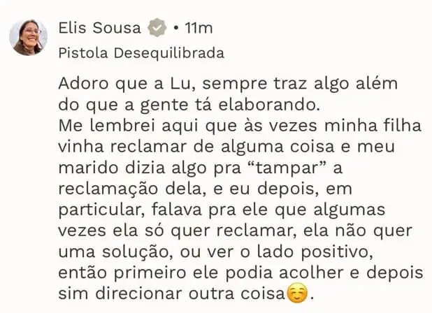 Print de depoimento de aluna sobre a experiência de participar do programa Pistologia