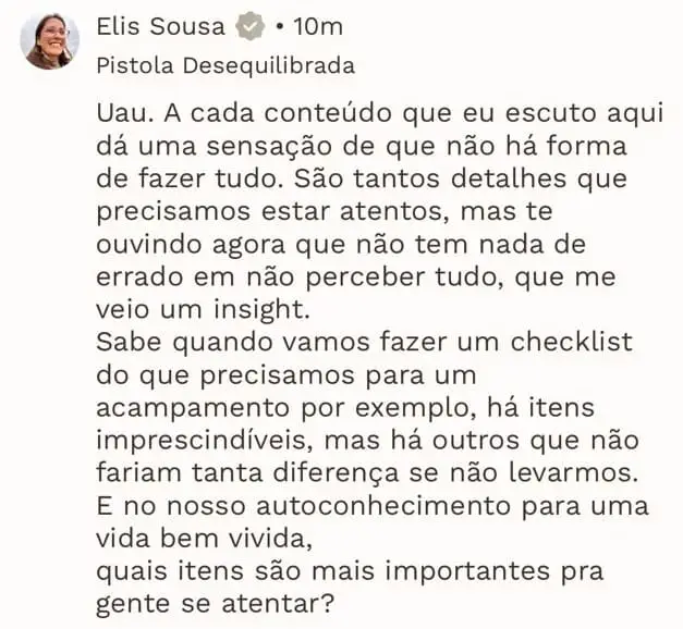Print de depoimento de aluna sobre a experiência de participar do programa Pistologia