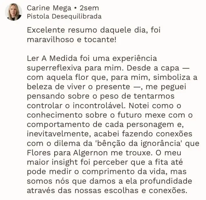 Print de depoimento de aluna sobre a experiência de participar do programa Pistologia