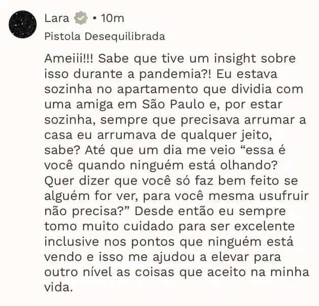 Print de depoimento de aluna sobre a experiência de participar do programa Pistologia
