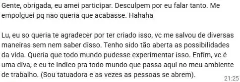 Print de depoimento de aluna sobre a experiência de participar do programa Pistologia